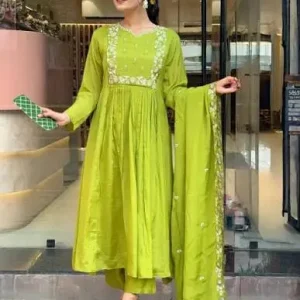 Green Anarkali Kurti Set with matching pant and dupatta for women