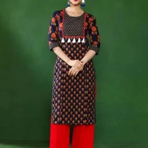 Women's Ajrakh Kurti Set with matching pant and dupatta in traditional ethnic print