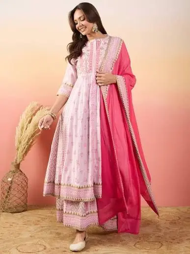 Women's Pink Kurti Set with matching pant and dupatta